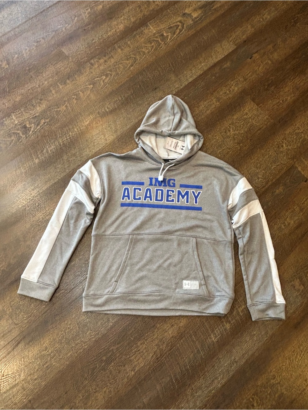 Under Armour Gray Hoodie with Blue IMG Logo and White Drawcords